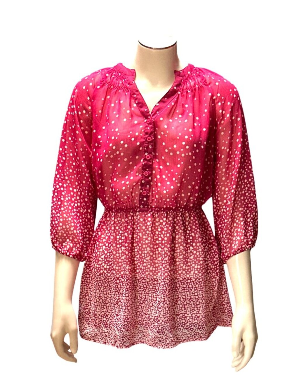 Mossimo Supply Co XS Pink White Polka Dot Tunic Sheer Peasant Blouse Boho Chic